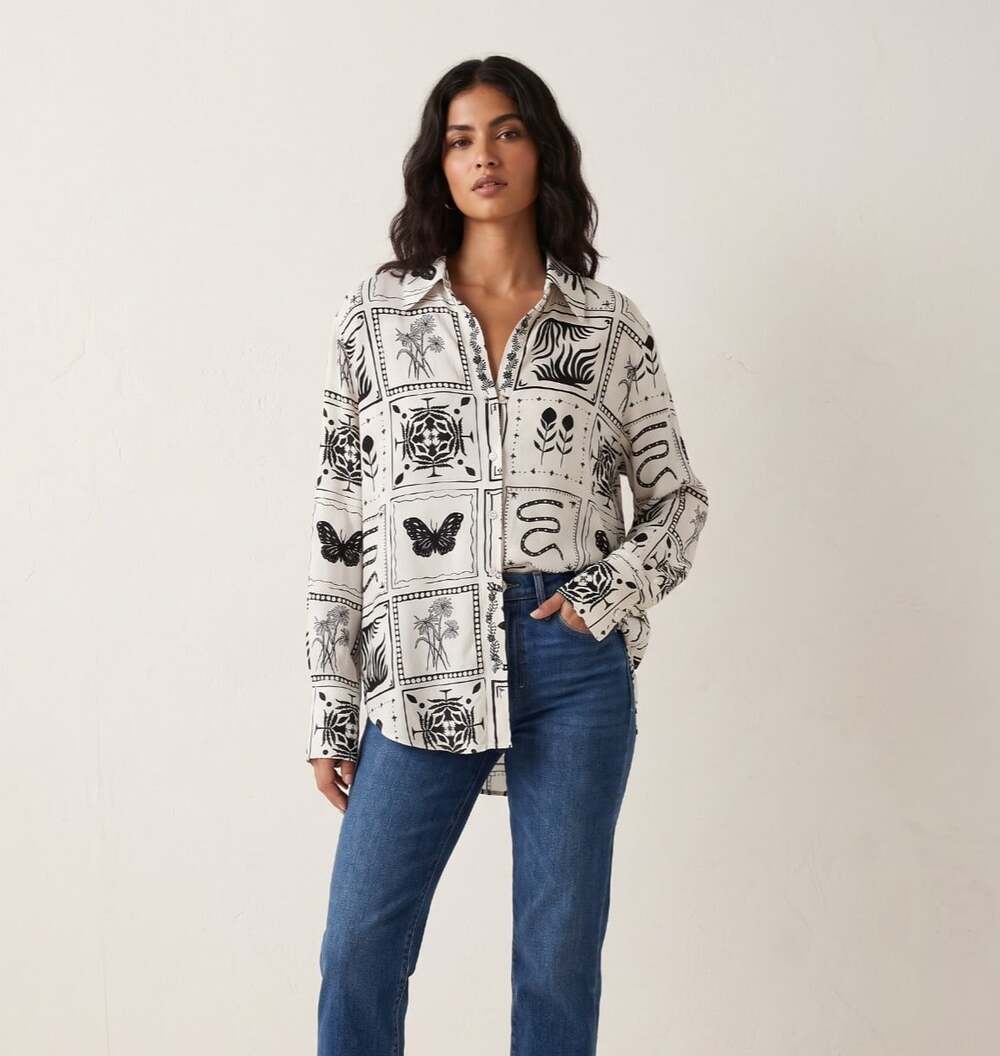 L'Academie Lenae Oversized Shirt Size XS Black White Tile Print Viscose Blouse